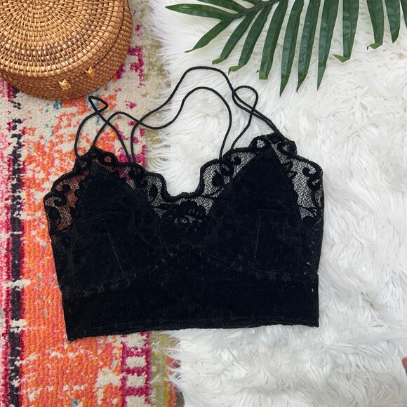 Free People One Black Velvet Lace Bralette Medium Festival Strappy Cropped Crop - Picture 1 of 5